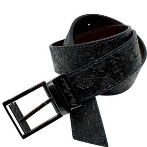 Robert Graham Leather Belt Mens Size 36 Embossed Paisley Reversible Black Luxury